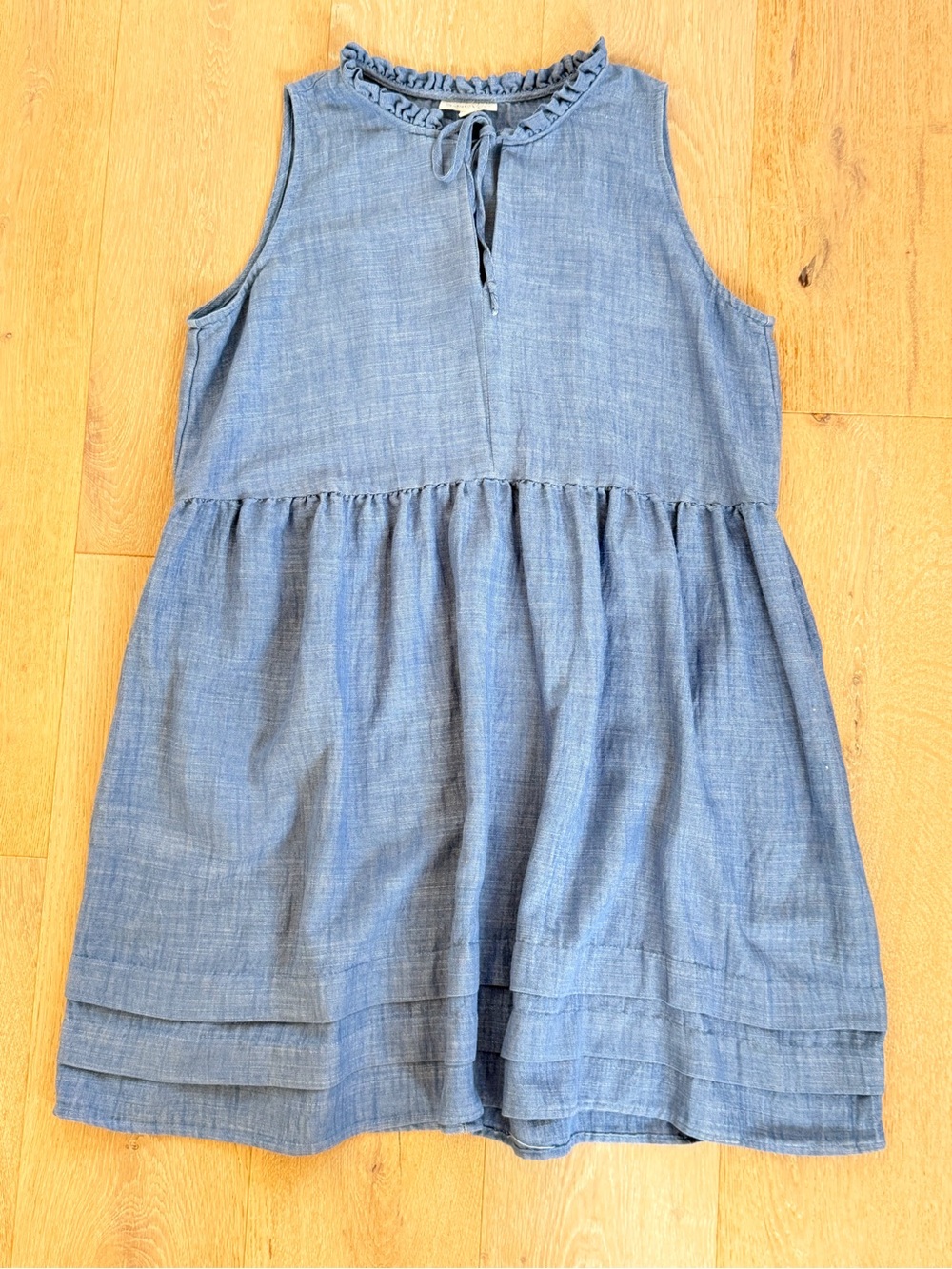 Sleeveless Ruffle-Trim Blue Chambray Dress